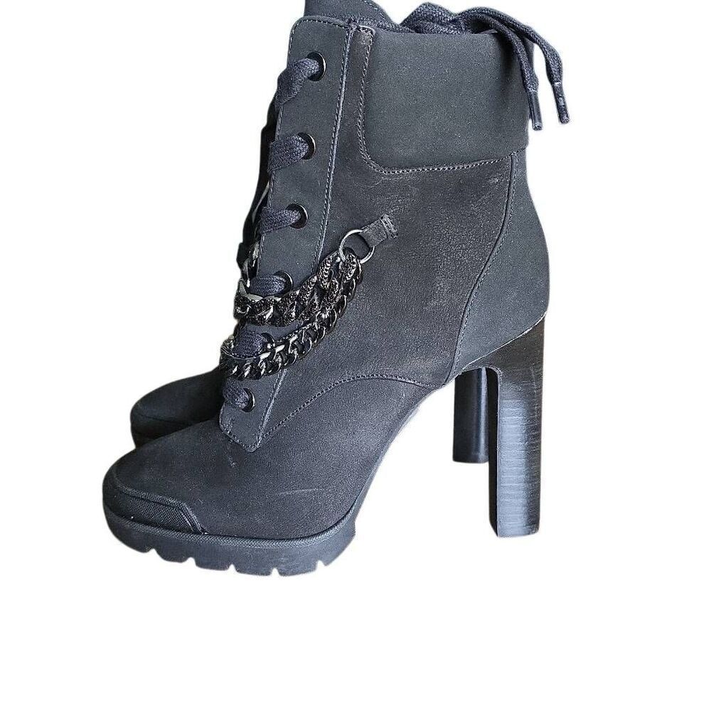 Karl Lagerfeld Paris Womens Sze 7 Black Viviana Ankle Chain Zip Up Heeled Boots